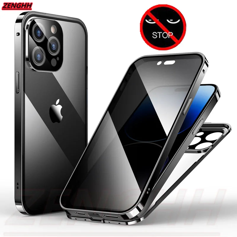 Double Glass Anti-Peep Privacy Magnetic Adsorption Case For iPhone 15 14 13 12 Pro Max 15Plus With Camera Lens Protection Cover