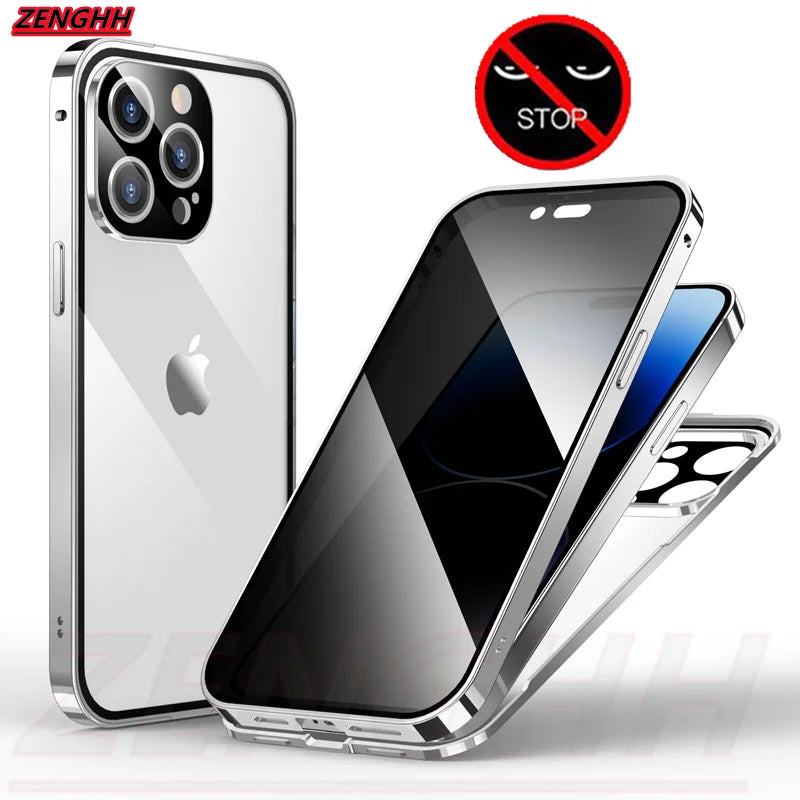 Double Glass Anti-Peep Privacy Magnetic Adsorption Case For iPhone 15 14 13 12 Pro Max 15Plus With Camera Lens Protection Cover