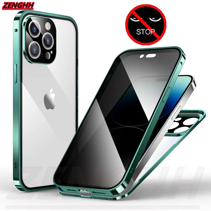 Double Glass Anti-Peep Privacy Magnetic Adsorption Case For iPhone 15 14 13 12 Pro Max 15Plus With Camera Lens Protection Cover