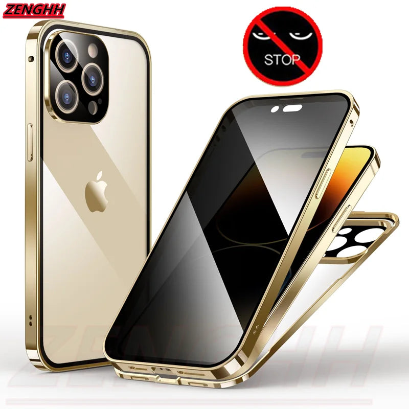 Double Glass Anti-Peep Privacy Magnetic Adsorption Case For iPhone 15 14 13 12 Pro Max 15Plus With Camera Lens Protection Cover