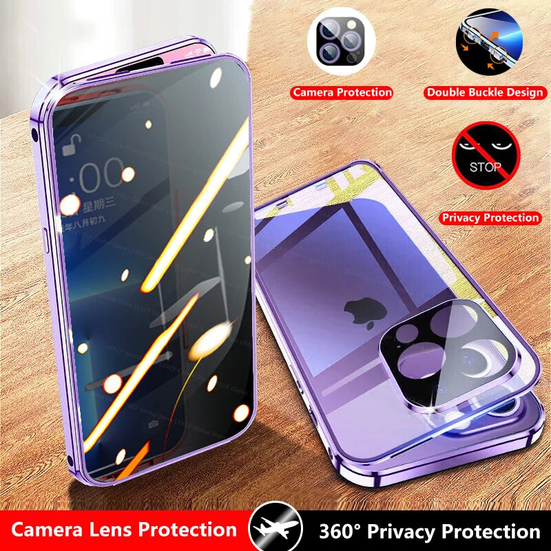 Double Glass Anti-Peep Privacy Magnetic Adsorption Case For iPhone 15 14 13 12 Pro Max 15Plus With Camera Lens Protection Cover