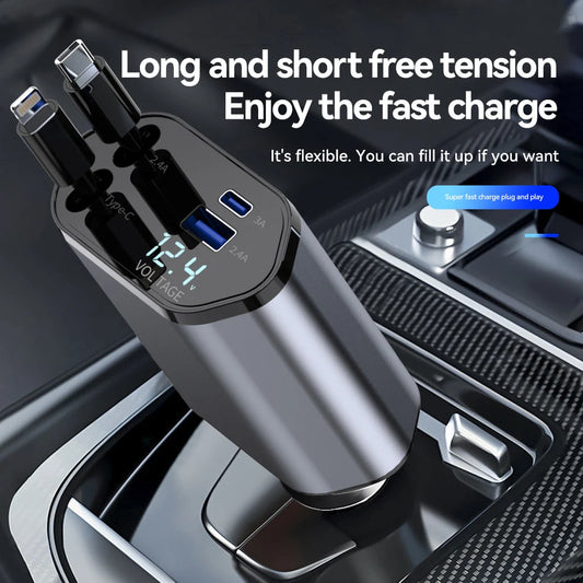 New Arrival 100w 4 IN 1 Retractable Car Charger USB Type C Cable For IPhone Samsung Fast Charge Cord Cigarette Lighter Adapter