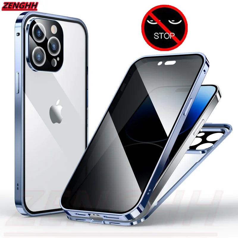 Double Glass Anti-Peep Privacy Magnetic Adsorption Case For iPhone 15 14 13 12 Pro Max 15Plus With Camera Lens Protection Cover