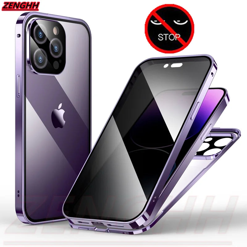 Double Glass Anti-Peep Privacy Magnetic Adsorption Case For iPhone 15 14 13 12 Pro Max 15Plus With Camera Lens Protection Cover